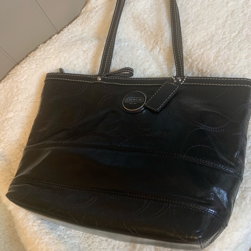 Coach Signature Stripe Stitched Tote F15142 Black Shoulder Purse